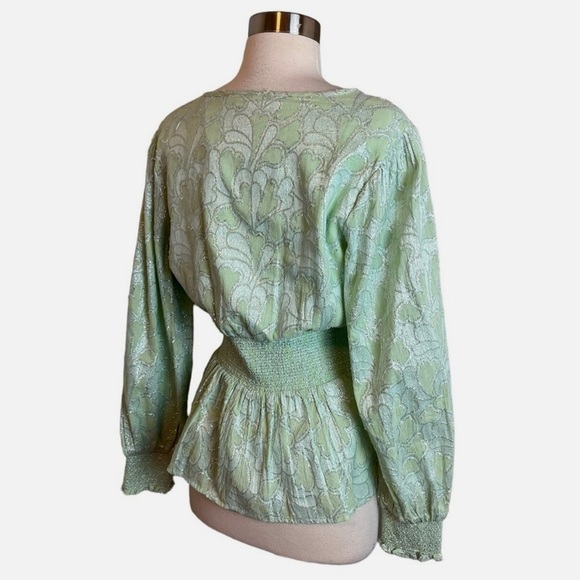 $118 Roller Rabbit Top Mint Green Metallic Jacquard V Neck Long Sleeve S - Picture 5 of 8